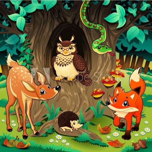 Animals in the wood. Vector illustration.  Obrazy do Pokoju Dziecka Obraz