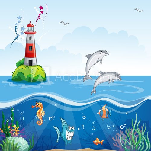 Children's illustration of the lighthouse and the sea dolphins.  Obrazy do Pokoju Dziecka Obraz