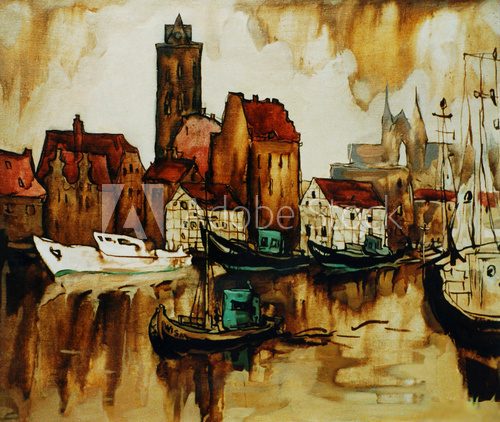 old harbour in the german city wismar, painting by oil on canvas  Olejne Obraz