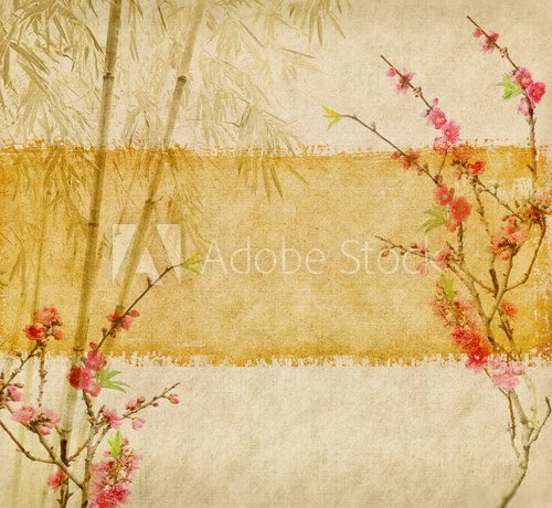 bamboo and plum blossom on old antique paper texture  Orientalne Fototapeta