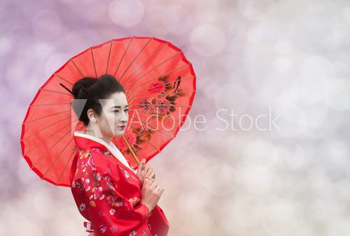 Woman with red Chinese umbrella, abstract background  Orientalne Fototapeta