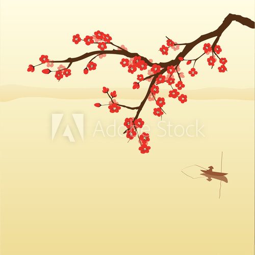 Plum blossom and fisherman in Chinese painting style  Orientalne Fototapeta