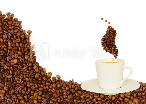 cup of coffee on raw beans border isolated on white  Kawa Fototapeta