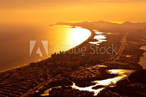 Barra da Tijuca Aerial view by Sunset in Rio de Janeiro, Brazil  Zachód Słońca Fototapeta