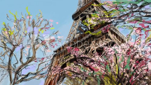 Street in paris. Eiffel tower - illustration  Fototapety Wieża Eiffla Fototapeta