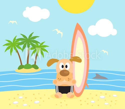 Summer background with funny  dog surfer  Plakaty do Pokoju dziecka Plakat