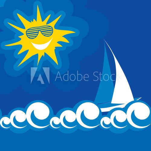 vector illustration of blue sea summer sun  Plakaty do Pokoju dziecka Plakat