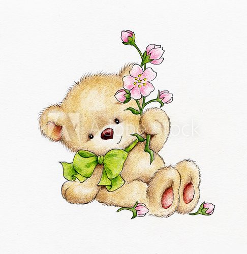 Cute Teddy bear with flowers  Plakaty do Pokoju dziecka Plakat