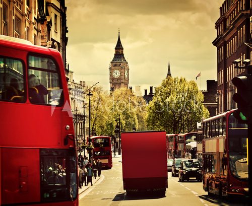 Busy street of London, England, the UK. Red buses, Big Ben  Fototapety Miasta Fototapeta