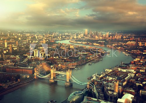 London aerial view with  Tower Bridge in sunset time  Fototapety Miasta Fototapeta