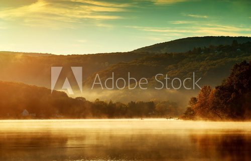 Beautiful autumn landscape, the lake in the morning fog  Obrazy do Łazienki Obraz