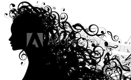 Vector Silhouette of Female Head with Musical Symbols  Muzyka Obraz