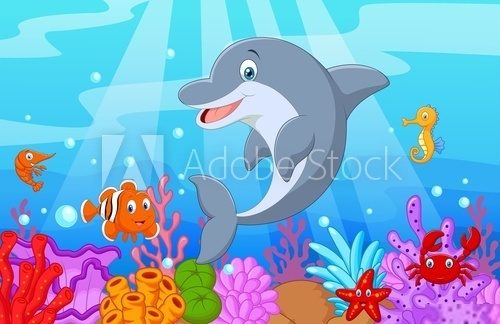 Standing Dolphin Illustration with collection fish Fototapety do Przedszkola Fototapeta
