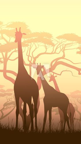 Vertical illustration of wild giraffes in African sunset savanna Zwierzęta Plakat