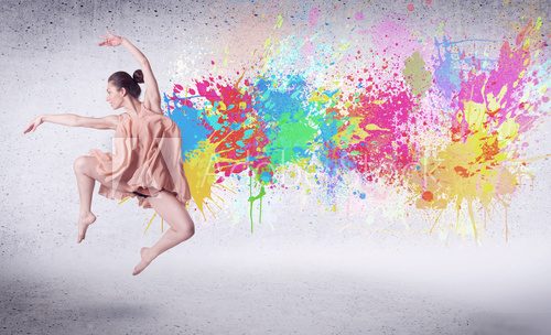 Modern street dancer jumping with colorful paint splashes Fototapety do Szkoły Tańca Fototapeta