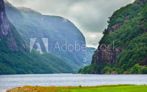 Cloudy rainy mountains and fjord in Norway, Fototapety Góry Fototapeta