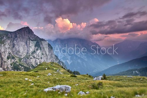 Slowenien, Gipfel des Berges Mangart, julische Alpen zum Sonnenuntergang Fototapety Góry Fototapeta