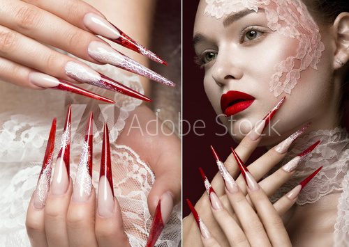 Beautiful girl with lace, red lips and long nails. Beauty face. Photos shot in studio. collage of photos Obrazy do Salonu Kosmetycznego Obraz