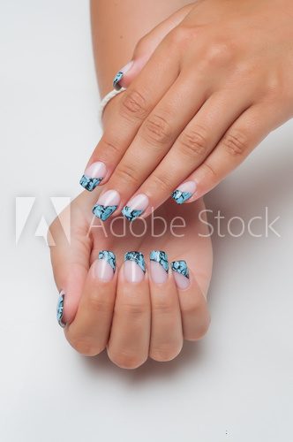 French manicure with zolubym cracelures, cracks on the long square nails  Obrazy do Salonu Kosmetycznego Obraz