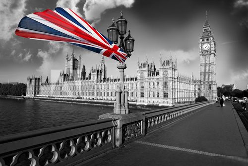 Big Ben with flag of England, London, UK  Fototapety Czarno-Białe Fototapeta