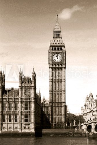 Vintage view of Big Ben clock tower London. Sepia toned.  Fototapety Czarno-Białe Fototapeta