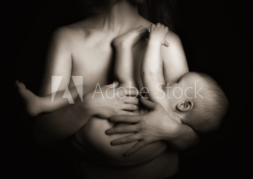 breast feeding. baby in the arms of the mother suckles. monochro  Fototapety Czarno-Białe Fototapeta