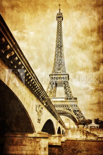 Eiffel tower vintage retro view from Seine river, Paris  Fototapety Sepia Fototapeta