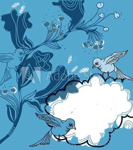 vector frame with blue birds and fantasy flowers  Rysunki kwiatów Fototapeta