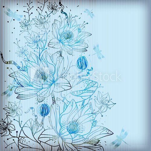 vector background with gentle hand drawn waterlilies  Rysunki kwiatów Fototapeta