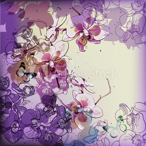 vector background with hand drawn blooming orchids  Rysunki kwiatów Fototapeta