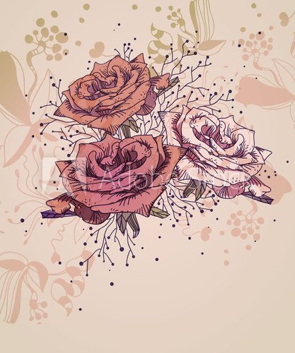 floral vector  background with blooming roses  Rysunki kwiatów Fototapeta