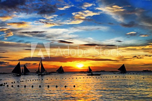 sailing on sunset. Boracay island,Philippines  Zachód Słońca Fototapeta
