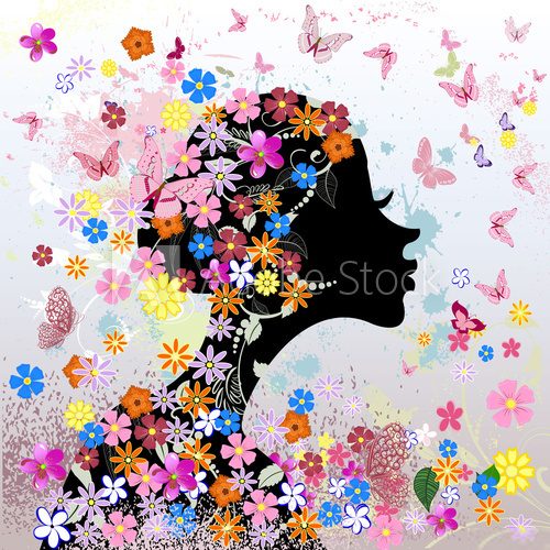 Floral hairstyle, girl and butterfly  Fototapety do Kawiarni Fototapeta