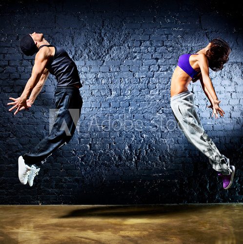 Young dancer couple jumping  Fototapety do Szkoły Tańca Fototapeta
