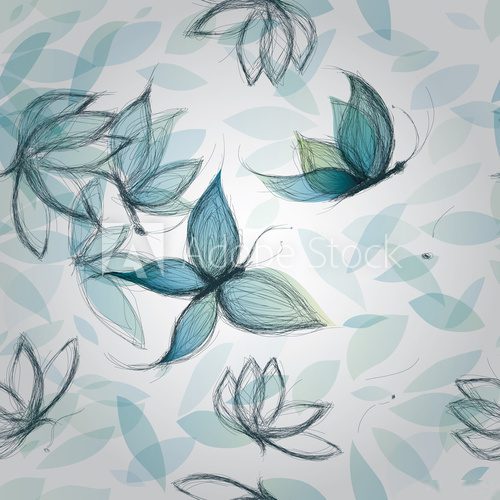 Azure Flowers like Butterflies / Surreal seamless pattern  Motyle Fototapeta