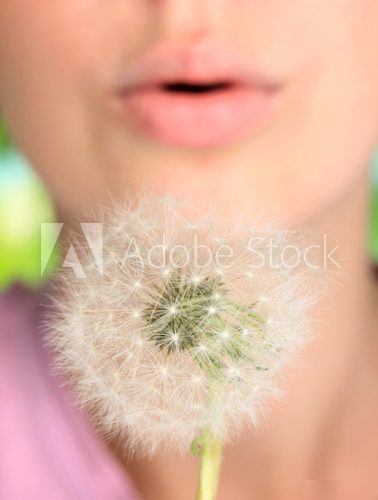 Girl blowing on dandelion close up  Dmuchawce Fototapeta