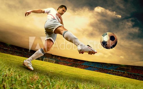 Happiness football player on field of olimpic stadium on sunrise Plakaty dla Nastolatka Plakat