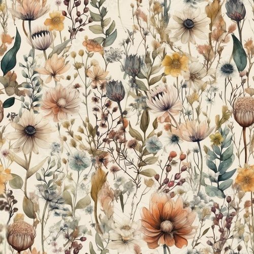 Seamless boho floral watercolor background, watercolor pattern, AI generative background pattern in natural tones Kwiaty Fototapeta