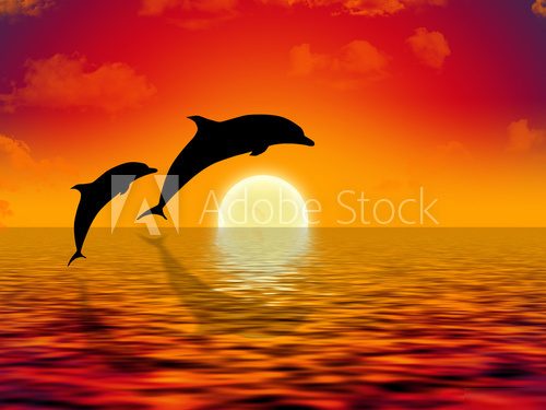 Skaczące delfiny na tle zachodzącego słońca
 Obrazy do Pokoju Dziecka Obraz