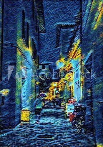 View at vintage night Italian street. Old architecture of Italy. Big size oil painting fine art in Vincent Van Gogh style. Modern impressionism drawn. Creative artistic print for poster or postcard. Van Gogh Obraz