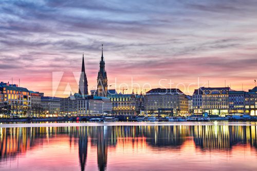 Zachodzący Hamburg: odbicie w lustrze Łaby
 Fototapety Miasta Fototapeta