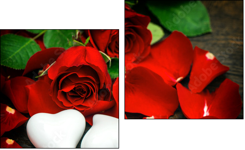 Red roses and two hearts. Valentines Day or Wedding vintage - Obraz dwuczęściowy, Dyptyk
