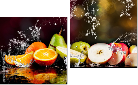 Pears, apples, orange  fruits and Splashing water - Obraz dwuczęściowy, Dyptyk
