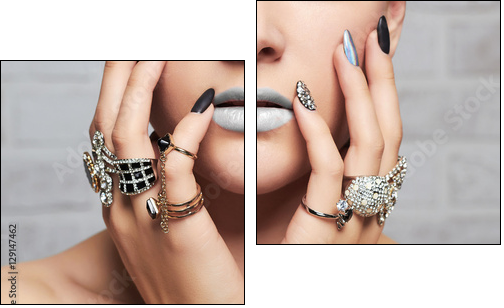 woman's hands with jewelry rings.close-up beauty and fashion girl, make-up and manicure - Obraz dwuczęściowy, Dyptyk