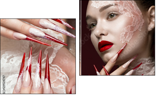 Beautiful girl with lace, red lips and long nails. Beauty face. Photos shot in studio. collage of photos - Obraz dwuczęściowy, Dyptyk