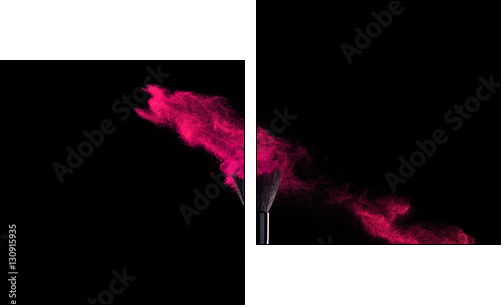 Make-up brush with powder explosion on black background - Obraz dwuczęściowy, Dyptyk