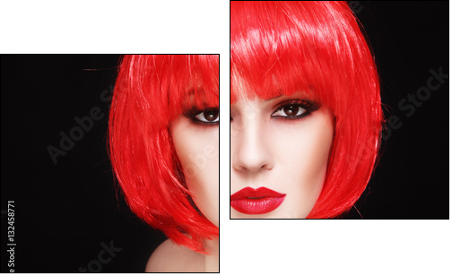 Portrait of young beautiful sexy girl with stylish make-up and fancy bob style red wig - Obraz dwuczęściowy, Dyptyk
