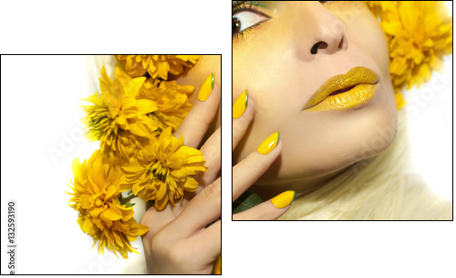 Yellow makeup and manicure with a sharp oval shape of the nails on the girl with the flowers. - Obraz dwuczęściowy, Dyptyk