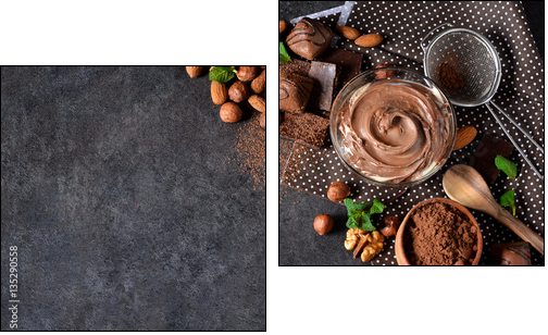 Black food background with cocoa, nuts and chocolate paste.  - Obraz dwuczęściowy, Dyptyk