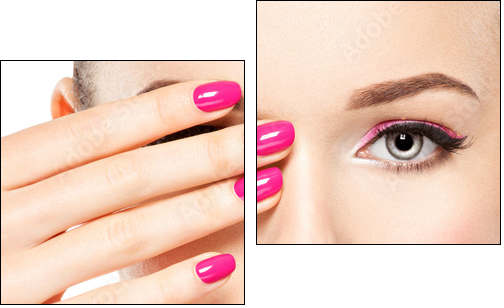 eautiful woman face with pink makeup of eyes and nails. - Obraz dwuczęściowy, Dyptyk